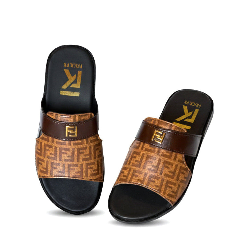 Brown patterned slides with black soles on a white background