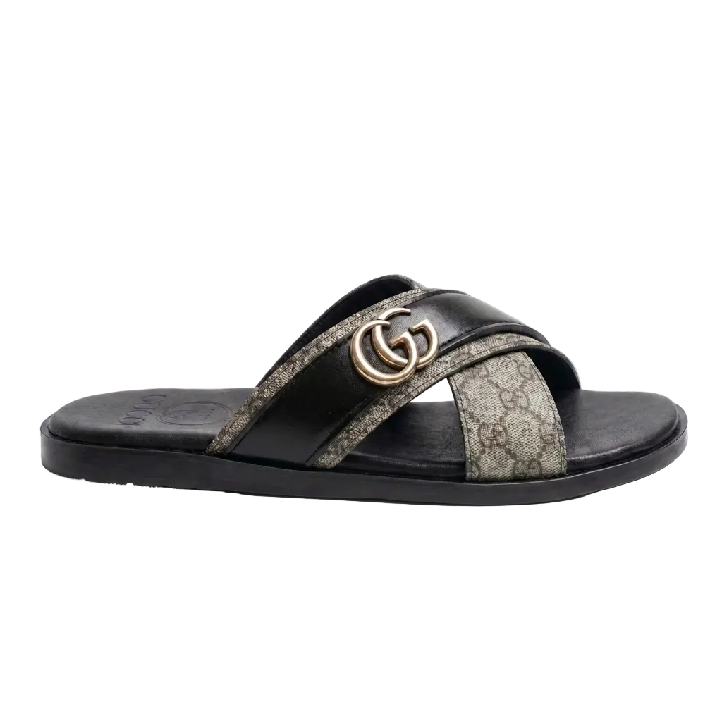 Black sandal with Gucci logo on a white background