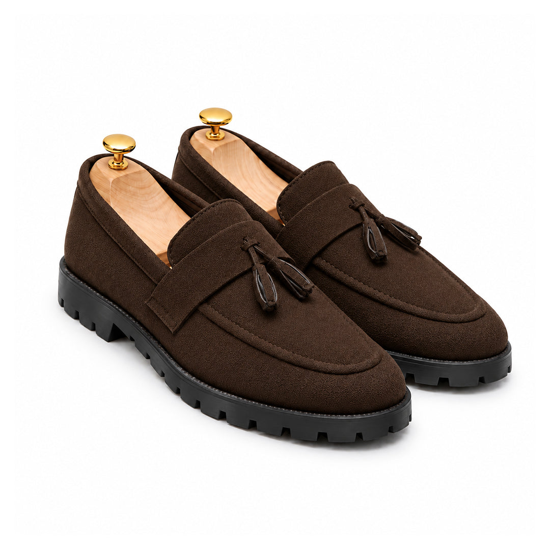 FK-738 – Men's Dark Brown Suede Finish Tassel Loafers with Chunky Sole