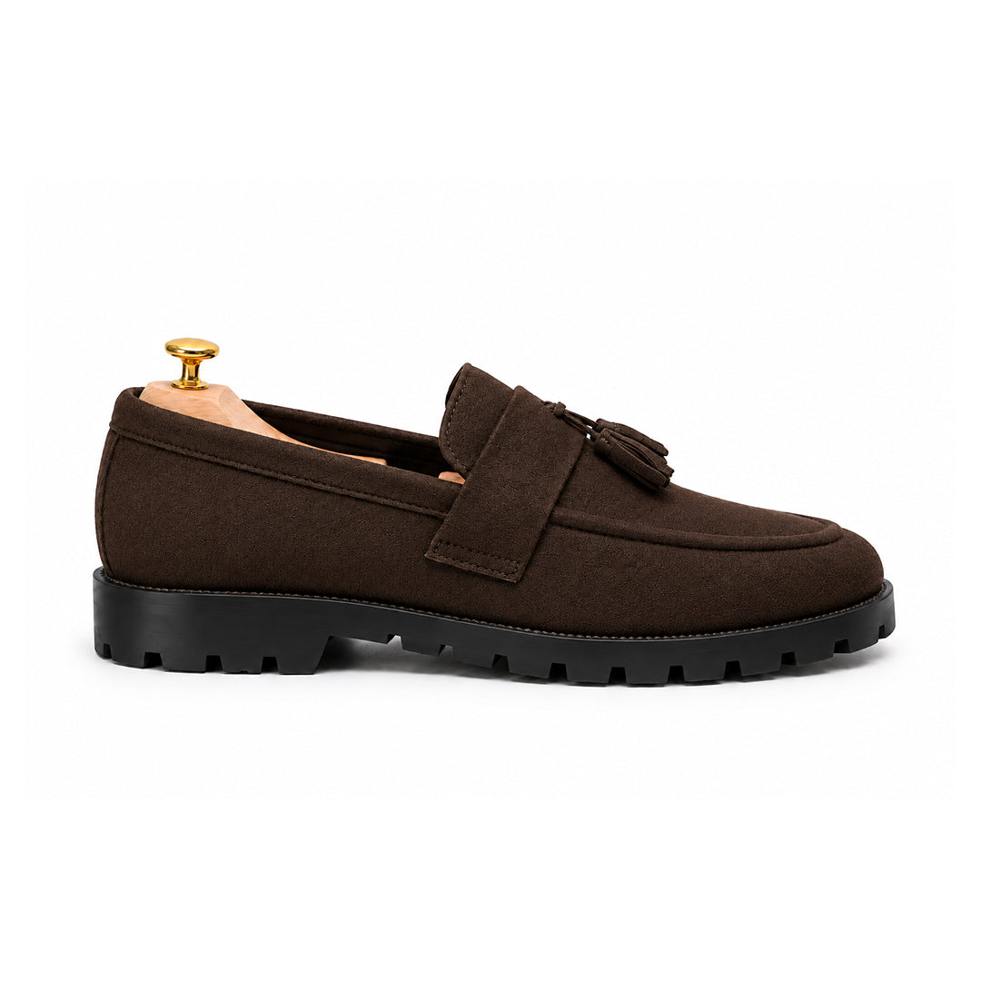 FK-738 – Men's Dark Brown Suede Finish Tassel Loafers with Chunky Sole