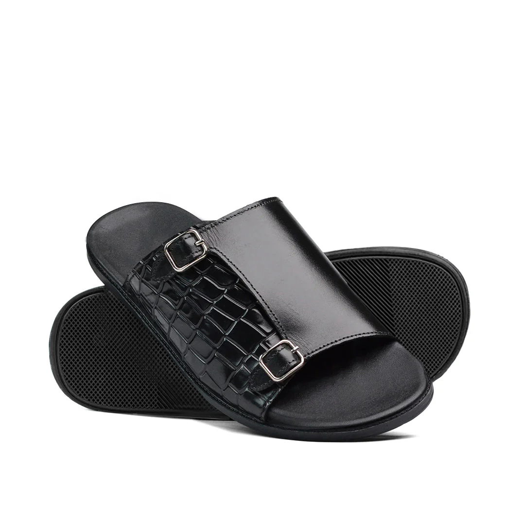 SL-019 | Men's Minimalist Slide Slippers – Matte Black Synthetic Leather | Memory Cushion Anti-Slip