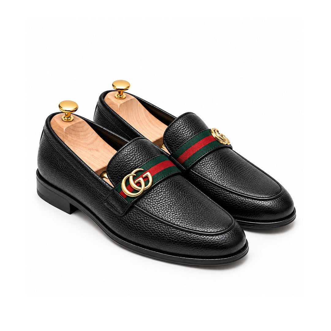 FK-729 – Men's Black Mild Textured Synthetic Leather Slip-On Loafers with Green Red Stripe Band