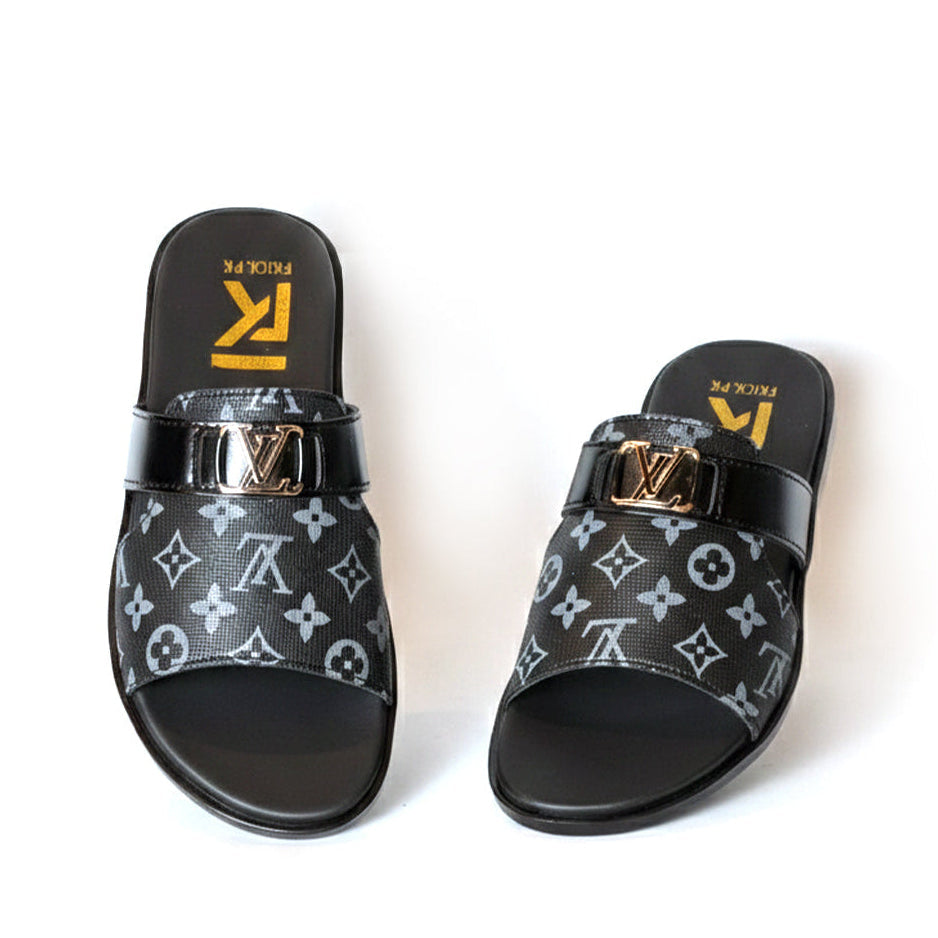 Black slides with white pattern and gold accents on a white background