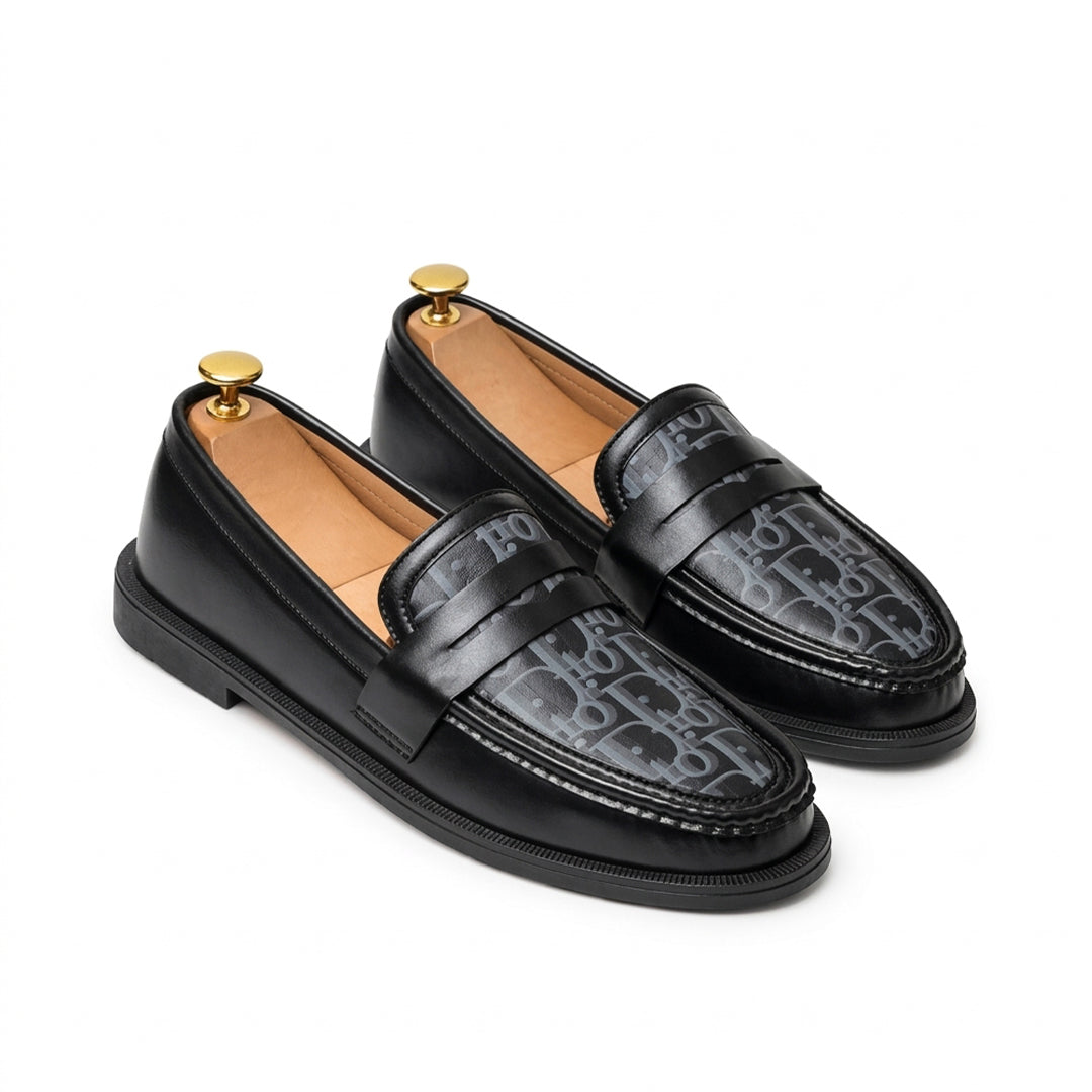 FK-735 – Men's Dark Black with Textures Synthetic Leather Bit Loafers