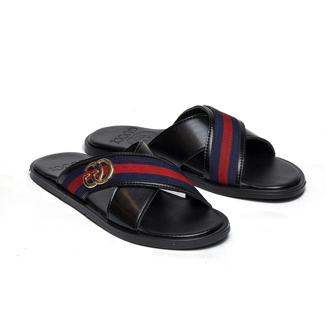 SL-109 | Men's Casual Slippers – Jet Black Checked Texture Synthetic Leather | Anti-Slip Sole