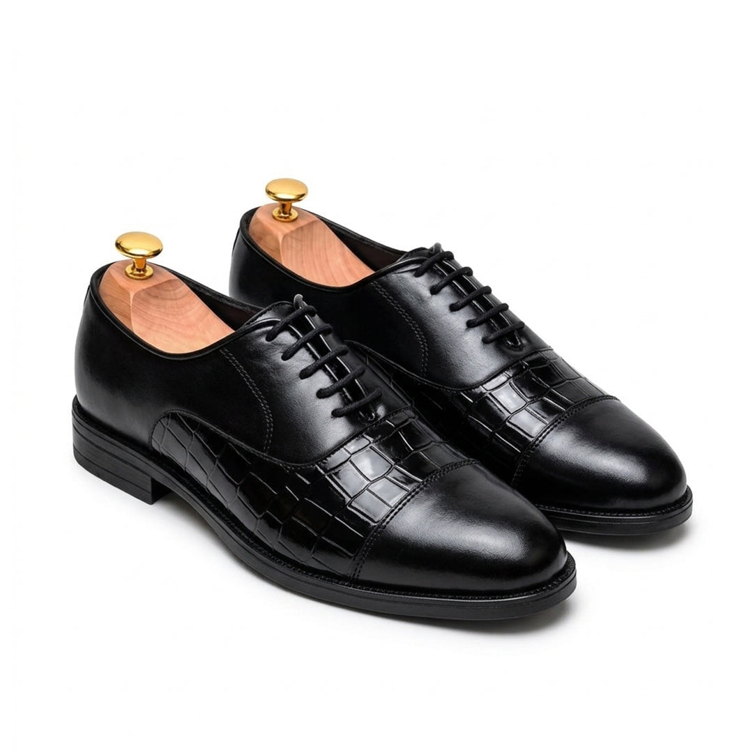 FK-739 – Men's Black Cap-Toe Synthetic Leather Oxford Formal Shoes with Croc Texture Panel