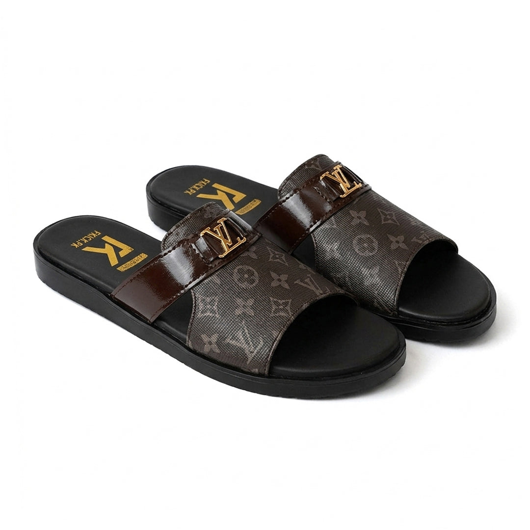 SL-095 | Men's Luxury Slippers – Tan Brown Synthetic Leather | Open-Toe Anti-Slip Sole