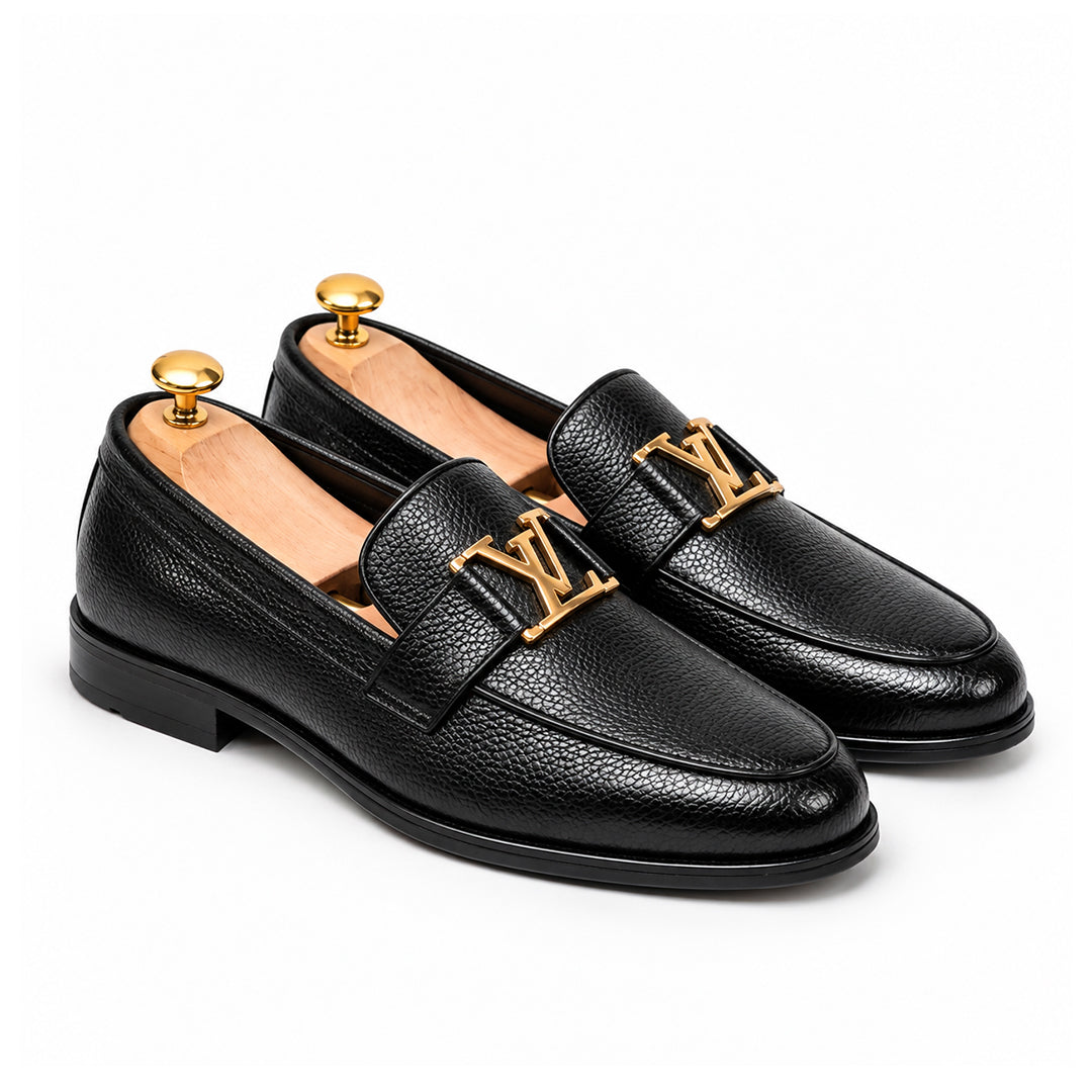 FK-728 – Men's Black Mild Textured Synthetic Leather Slip-On Loafers with Gold Buckle