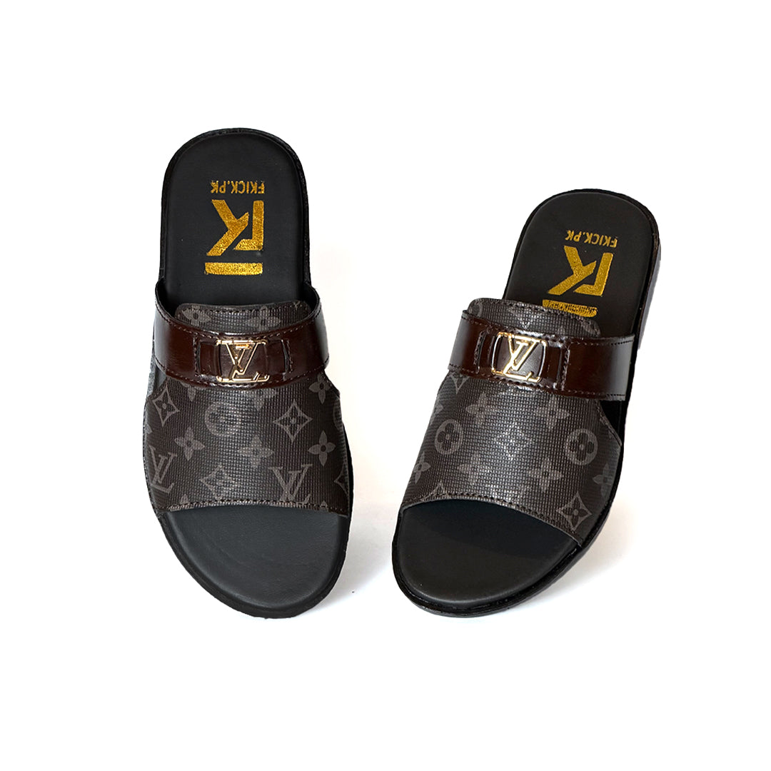 SL-095 | Men's Luxury Slippers – Tan Brown Synthetic Leather | Open-Toe Anti-Slip Sole