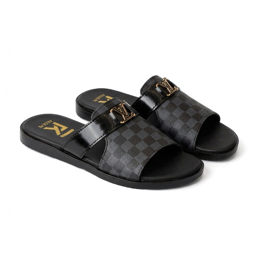 SL-096 | Men's Luxury Slippers – Tan Brown Synthetic Leather | Strap Buckle Anti-Slip Sole