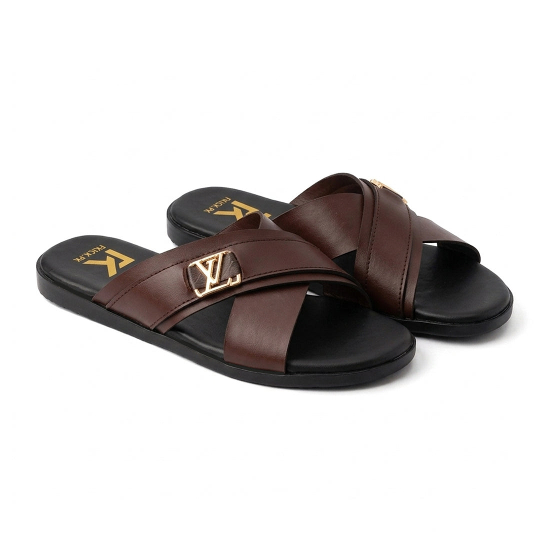 SL-041 | Men's Luxury Slide Slippers – Brown Synthetic Leather | Cushioned Anti-Slip