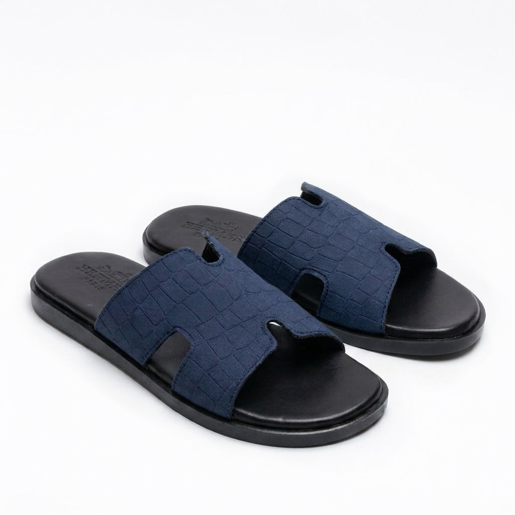 SL-102 | Men's Luxury Slippers – Navy Blue Synthetic Leather | Anti-Slip Cushioned Sole