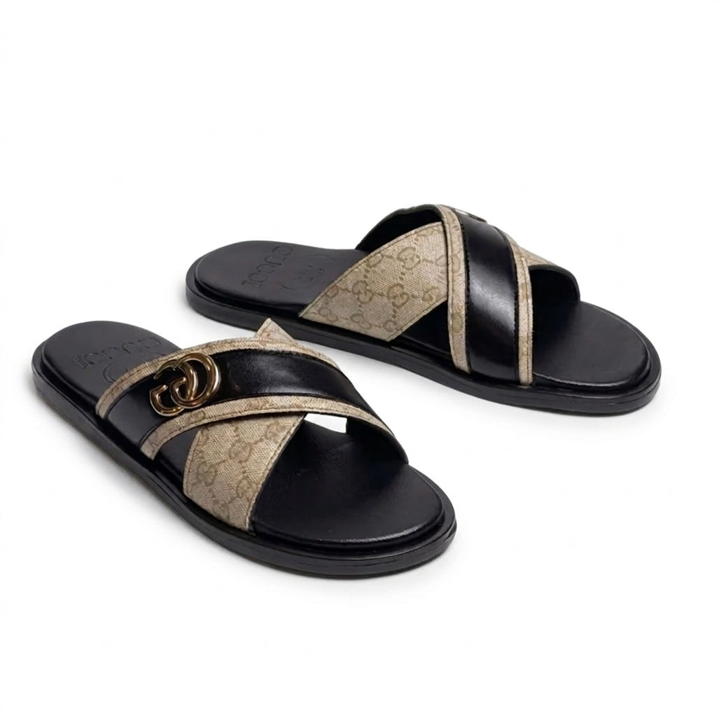 SL-107 | Men's Luxury Padded Slippers – Tan Brown Synthetic Leather | Thick Anti-Slip Sole