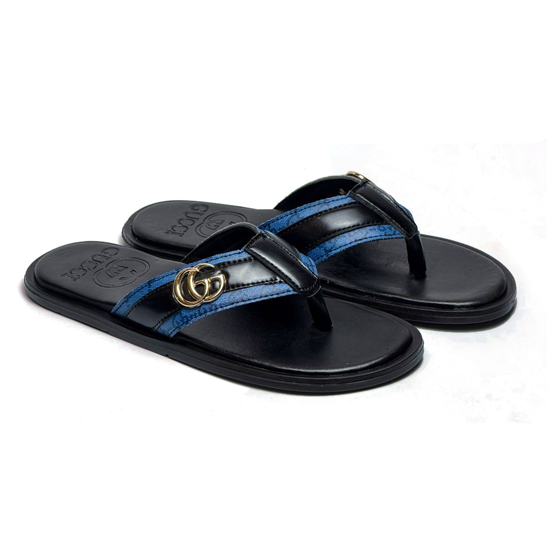 SL-113 | Men's Luxury Slippers – Blue Black Lining Strip Synthetic Leather with Gold Buckle | Anti-Slip