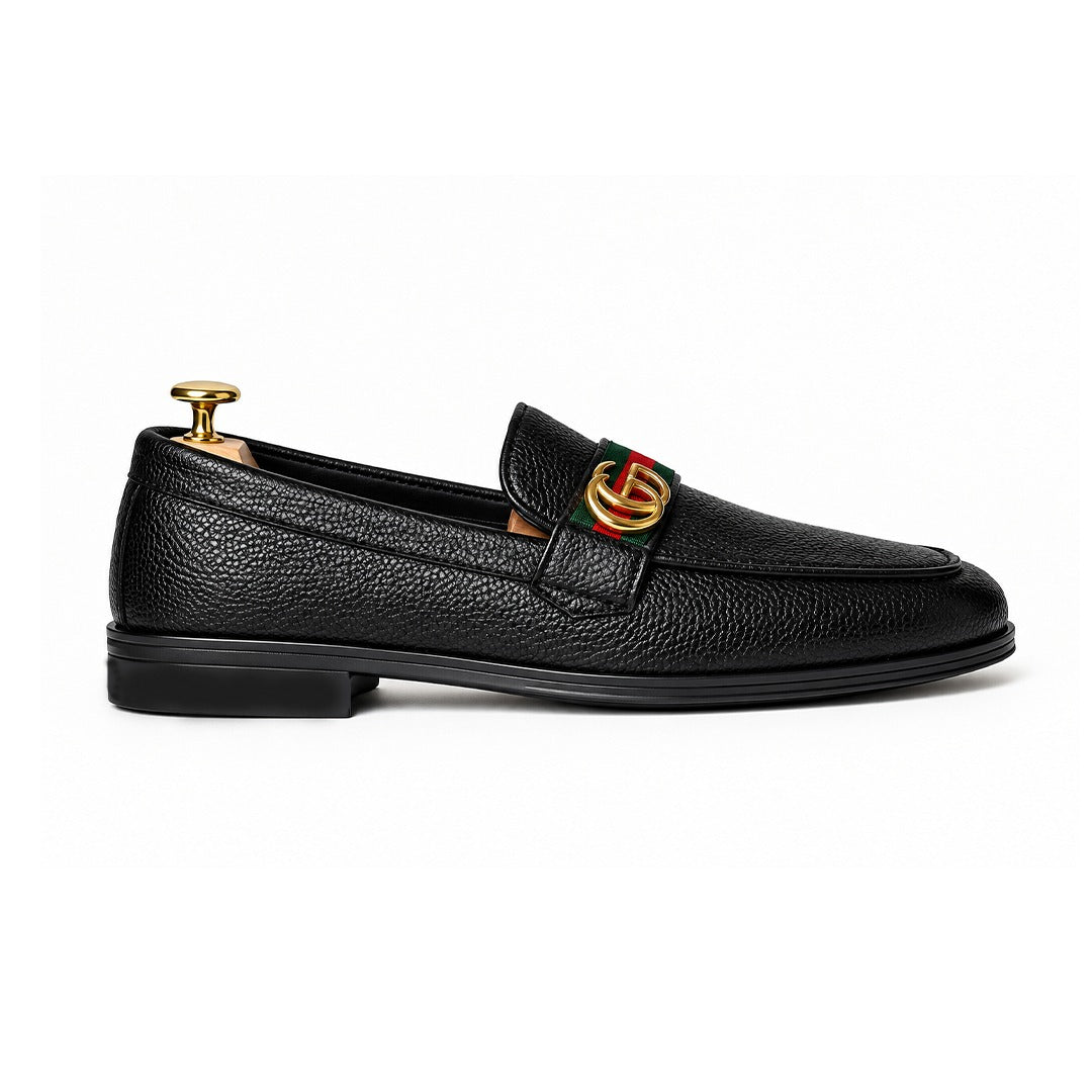 FK-729 – Men's Black Mild Textured Synthetic Leather Slip-On Loafers with Green Red Stripe Band