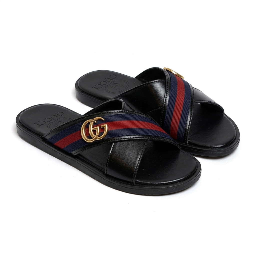 SL-109 | Men's Casual Slippers – Jet Black Checked Texture Synthetic Leather | Anti-Slip Sole