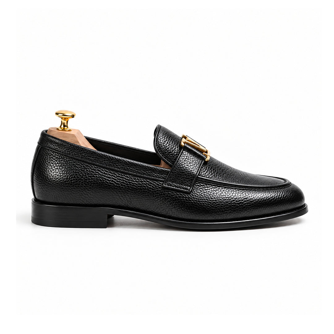 FK-728 – Men's Black Mild Textured Synthetic Leather Slip-On Loafers with Gold Buckle