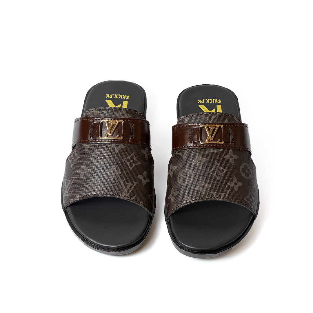 SL-095 | Men's Luxury Slippers – Tan Brown Synthetic Leather | Open-Toe Anti-Slip Sole