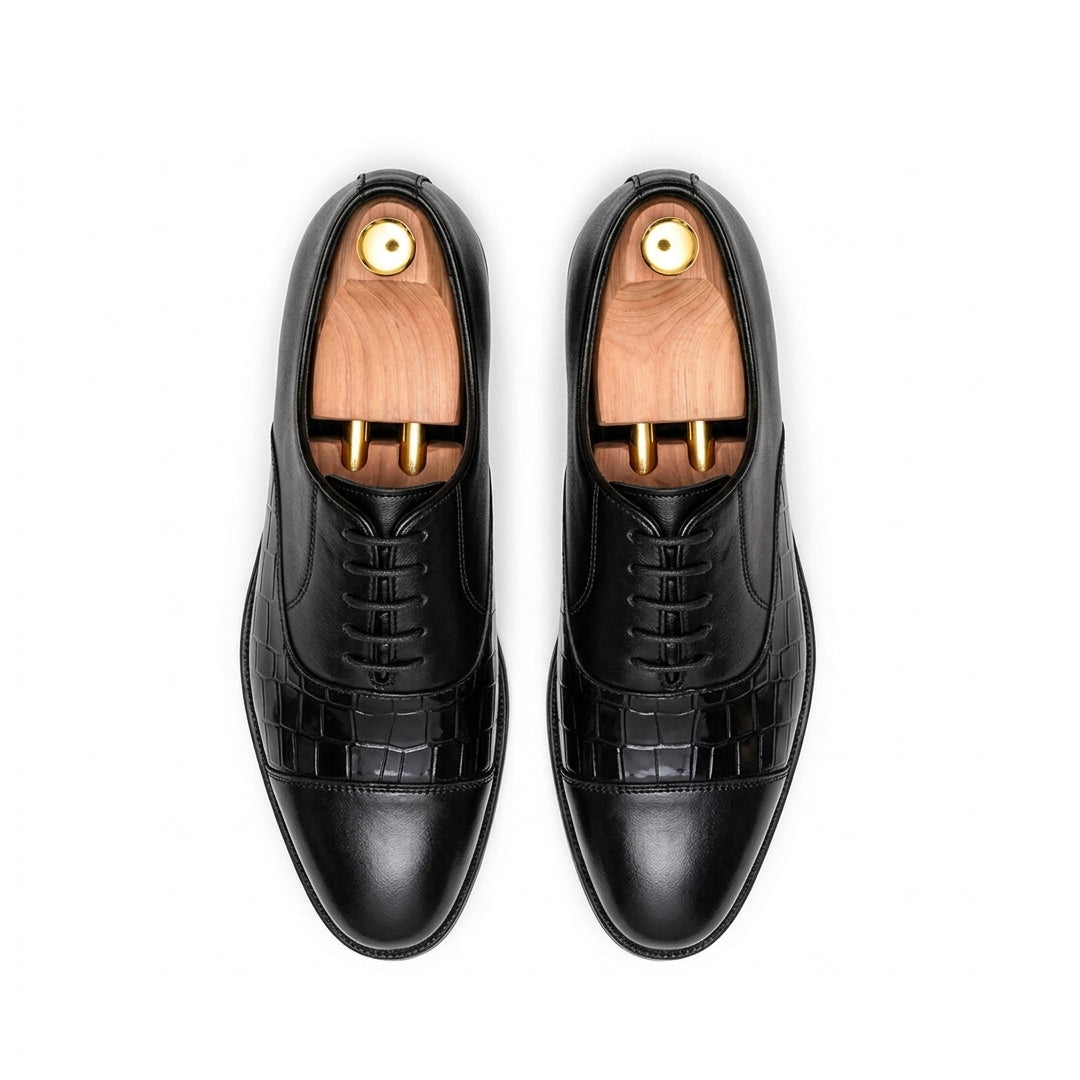 FK-739 – Men's Black Cap-Toe Synthetic Leather Oxford Formal Shoes with Croc Texture Panel