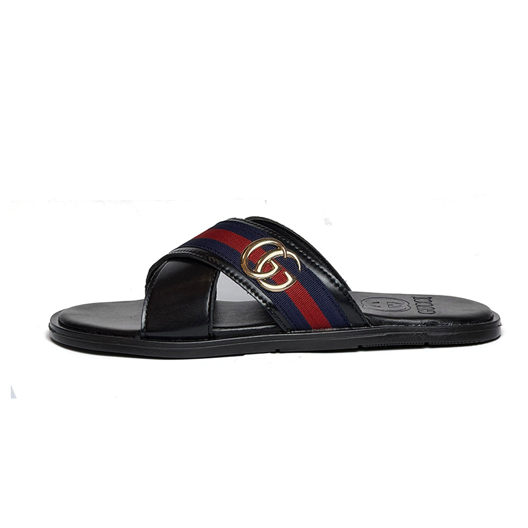 SL-109 | Men's Casual Slippers – Jet Black Checked Texture Synthetic Leather | Anti-Slip Sole