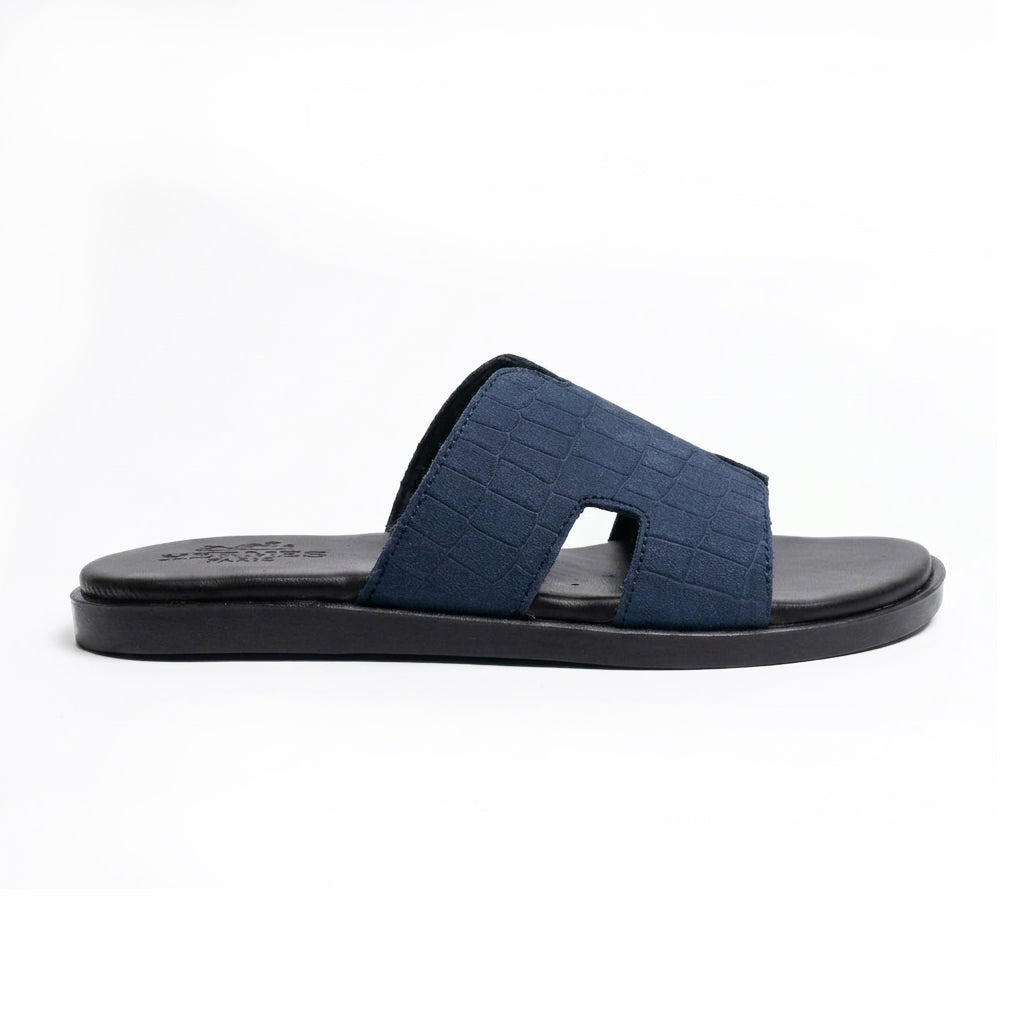SL-102 | Men's Luxury Slippers – Navy Blue Synthetic Leather | Anti-Slip Cushioned Sole