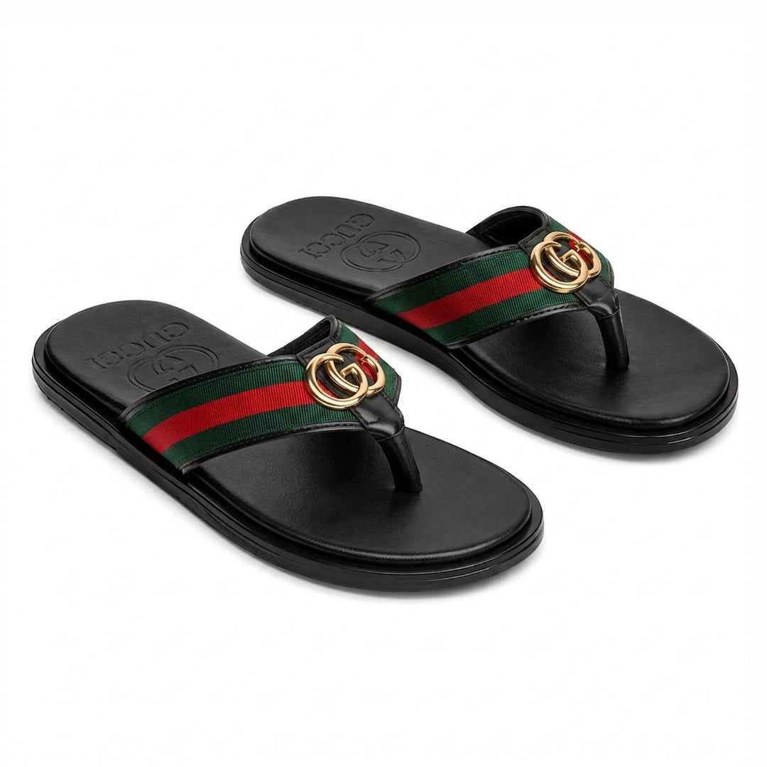 SL-112 | Men's Luxury Slippers – Green Red Lining Strip Synthetic Leather with Gold Buckle | Anti-Slip