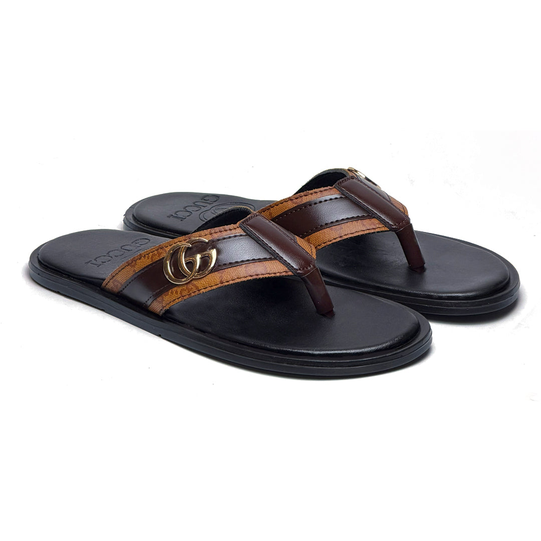 SL-114 | Men's Luxury Slippers – Orange Brown Lining Strip Synthetic Leather with Gold Buckle | Anti-Slip
