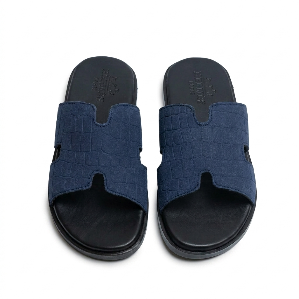 SL-102 | Men's Luxury Slippers – Navy Blue Synthetic Leather | Anti-Slip Cushioned Sole