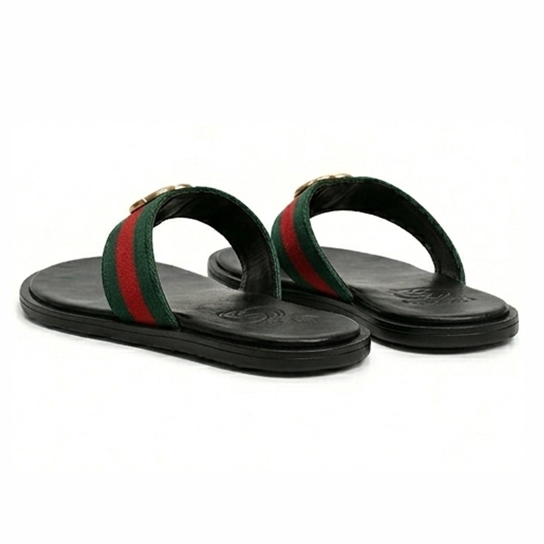 SL-112 | Men's Luxury Slippers – Green Red Lining Strip Synthetic Leather with Gold Buckle | Anti-Slip