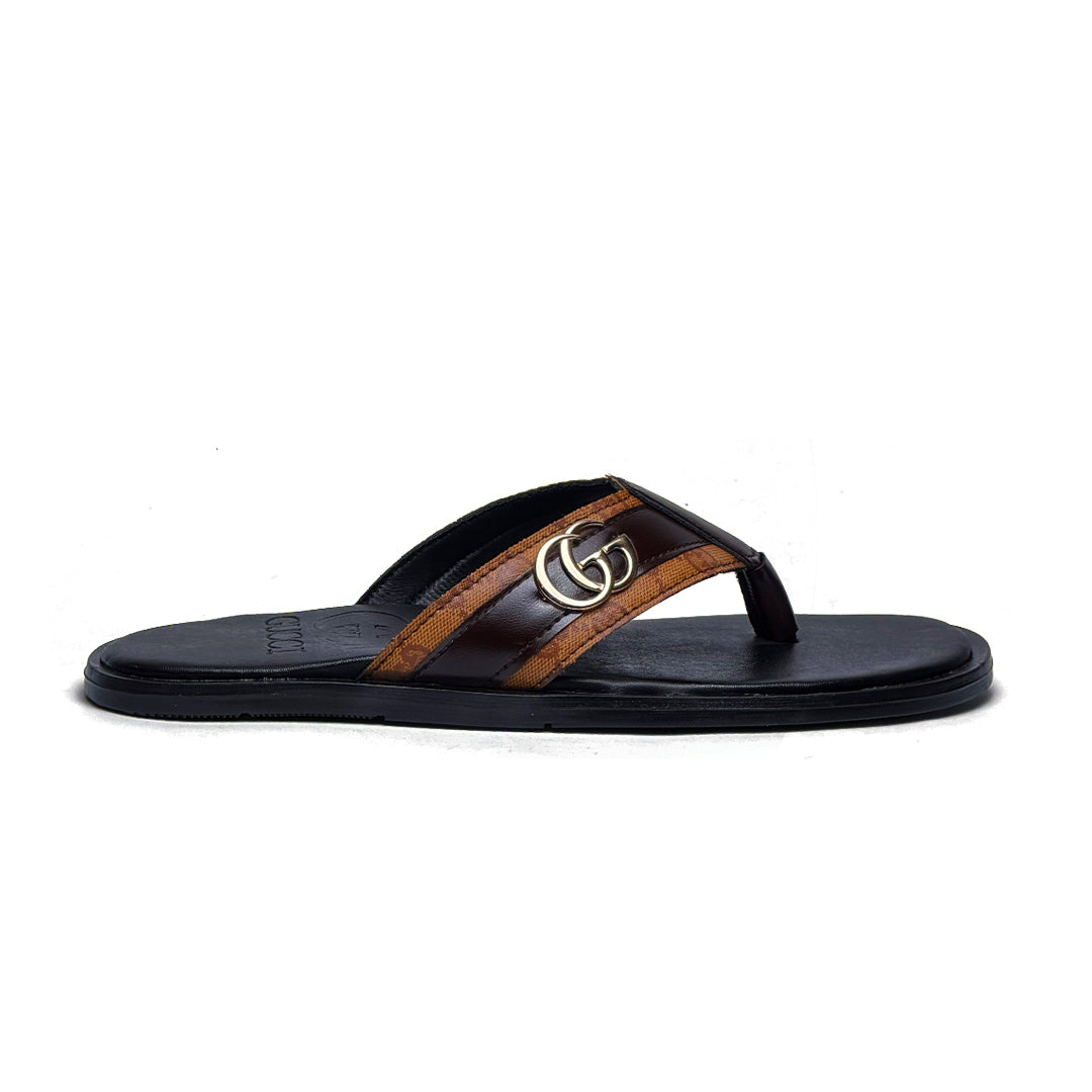 SL-114 | Men's Luxury Slippers – Orange Brown Lining Strip Synthetic Leather with Gold Buckle | Anti-Slip