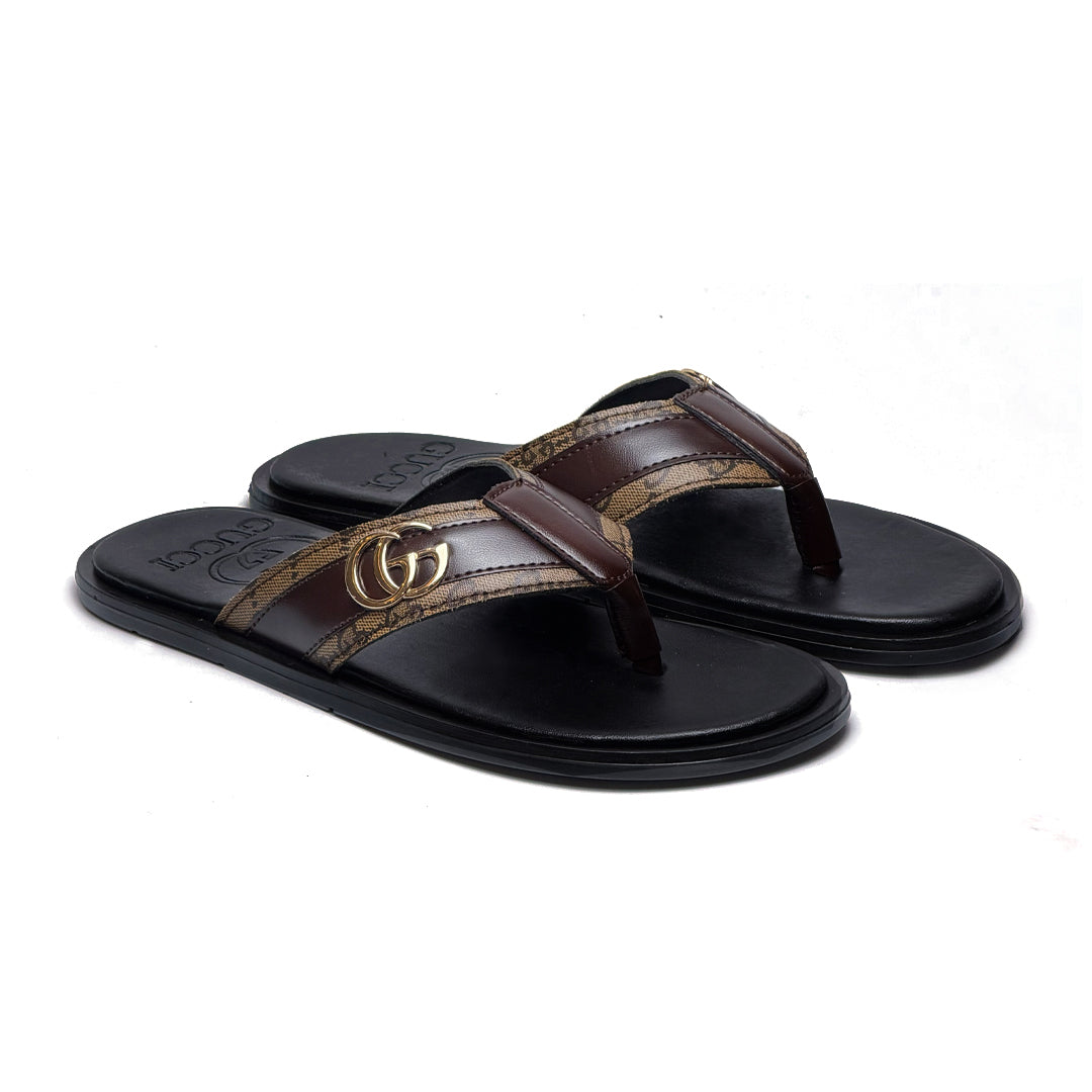 SL-115 | Men's Luxury Slippers – Brown Double Stripe Synthetic Leather with Gold Buckle | Anti-Slip