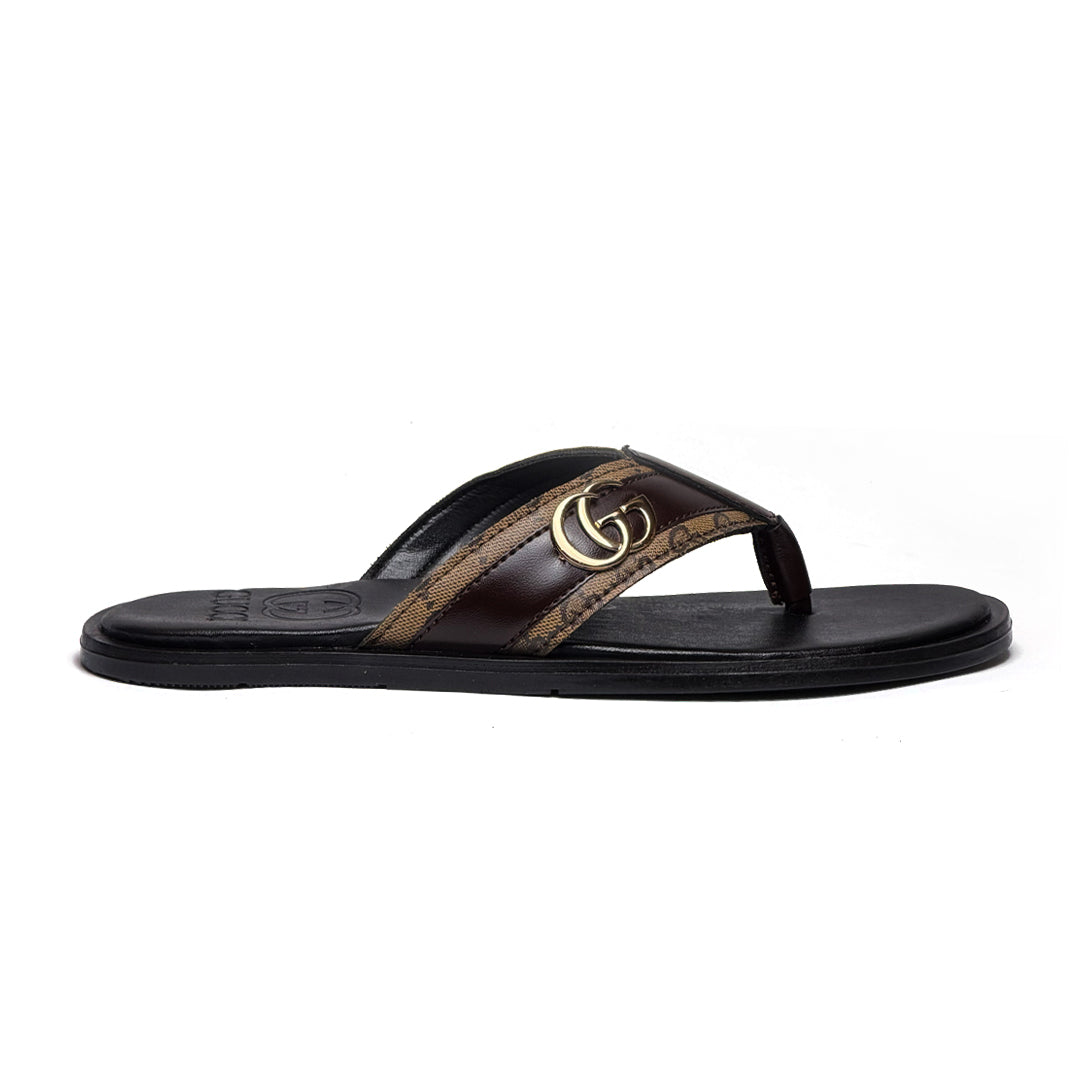 SL-115 | Men's Luxury Slippers – Brown Double Stripe Synthetic Leather with Gold Buckle | Anti-Slip