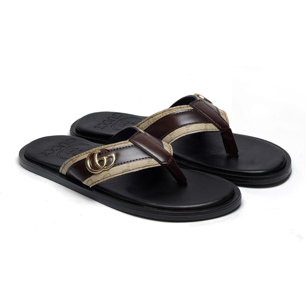 SL-116 | Men's Luxury Slippers – Light Brown Double Stripe Synthetic Leather with Gold Buckle | Anti-Slip