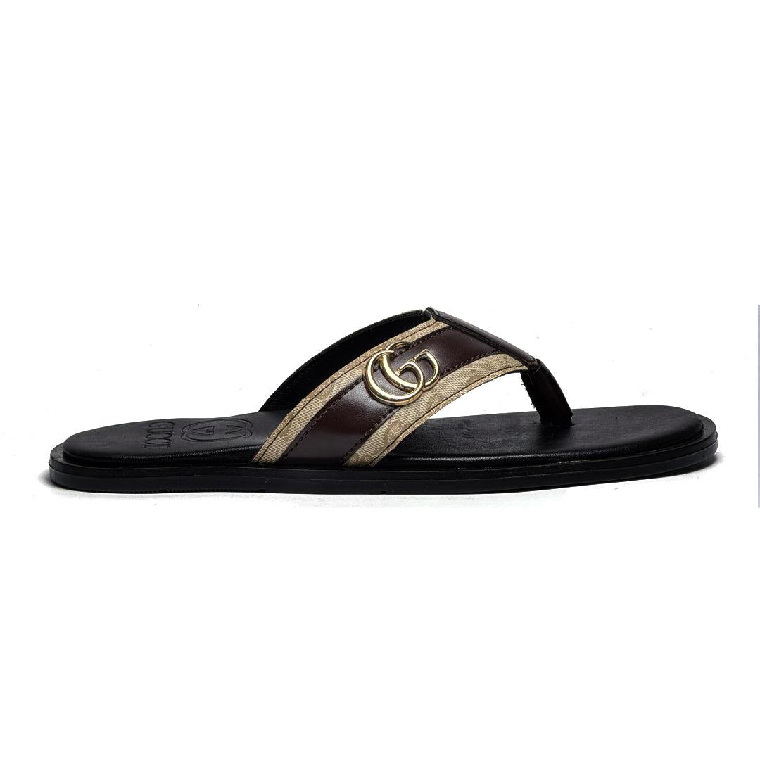 SL-116 | Men's Luxury Slippers – Light Brown Double Stripe Synthetic Leather with Gold Buckle | Anti-Slip