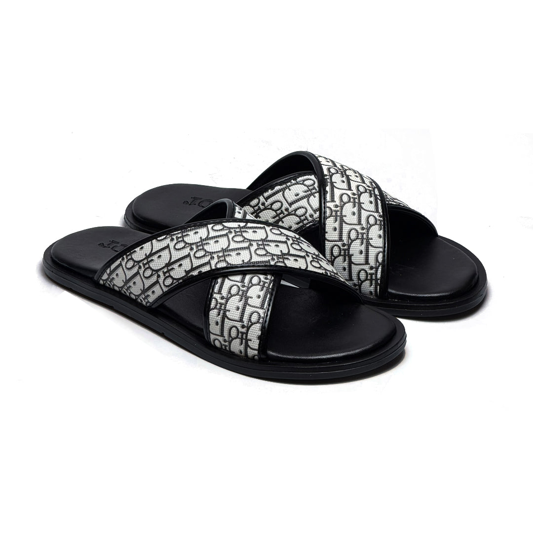 SL-117 | Men's Luxury Slippers – White Black Texture Double Stripe Synthetic Leather with Gold Buckle | Anti-Slip