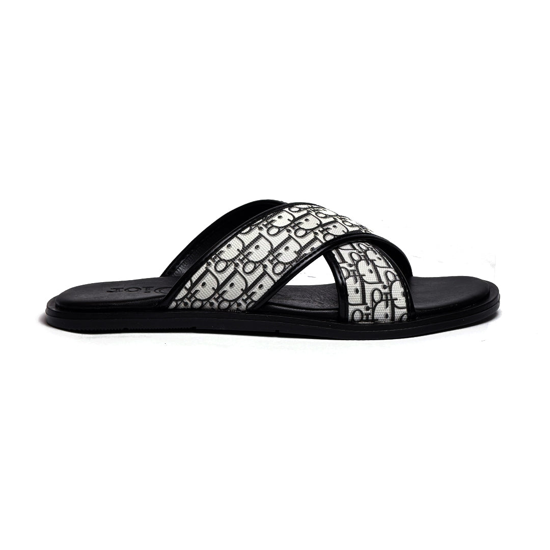 SL-117 | Men's Luxury Slippers – White Black Texture Double Stripe Synthetic Leather with Gold Buckle | Anti-Slip
