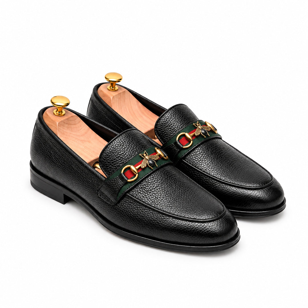 FK-730 – Men's Black Mild Textured Synthetic Leather Slip-On Loafers with Green Red Stripe Band