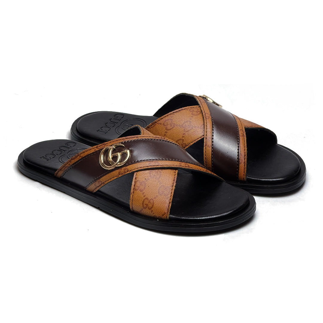 SL-118 | Men's Luxury Slippers – Orange Brown Double Stripe Synthetic Leather with Gold Buckle | Anti-Slip