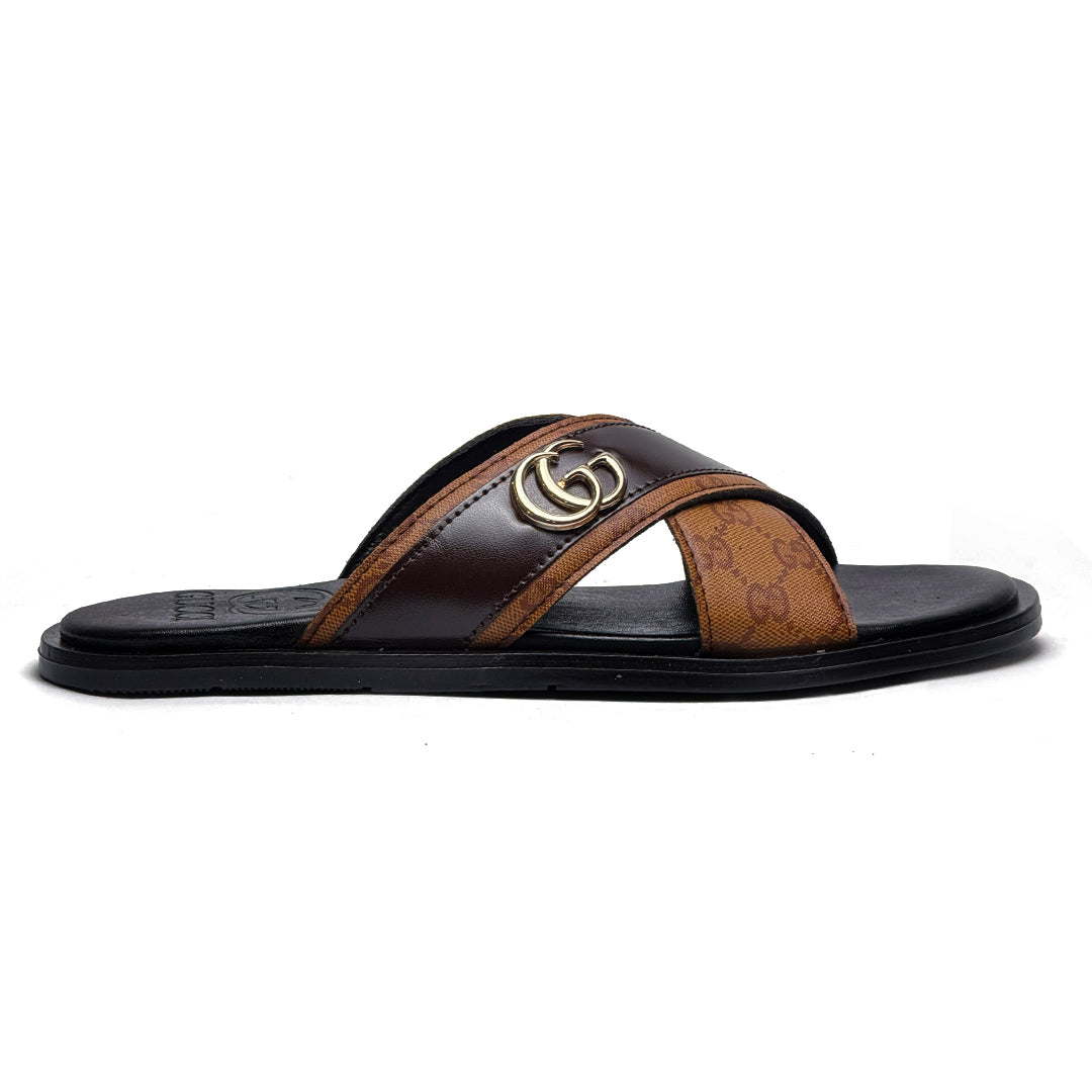 SL-118 | Men's Luxury Slippers – Orange Brown Double Stripe Synthetic Leather with Gold Buckle | Anti-Slip