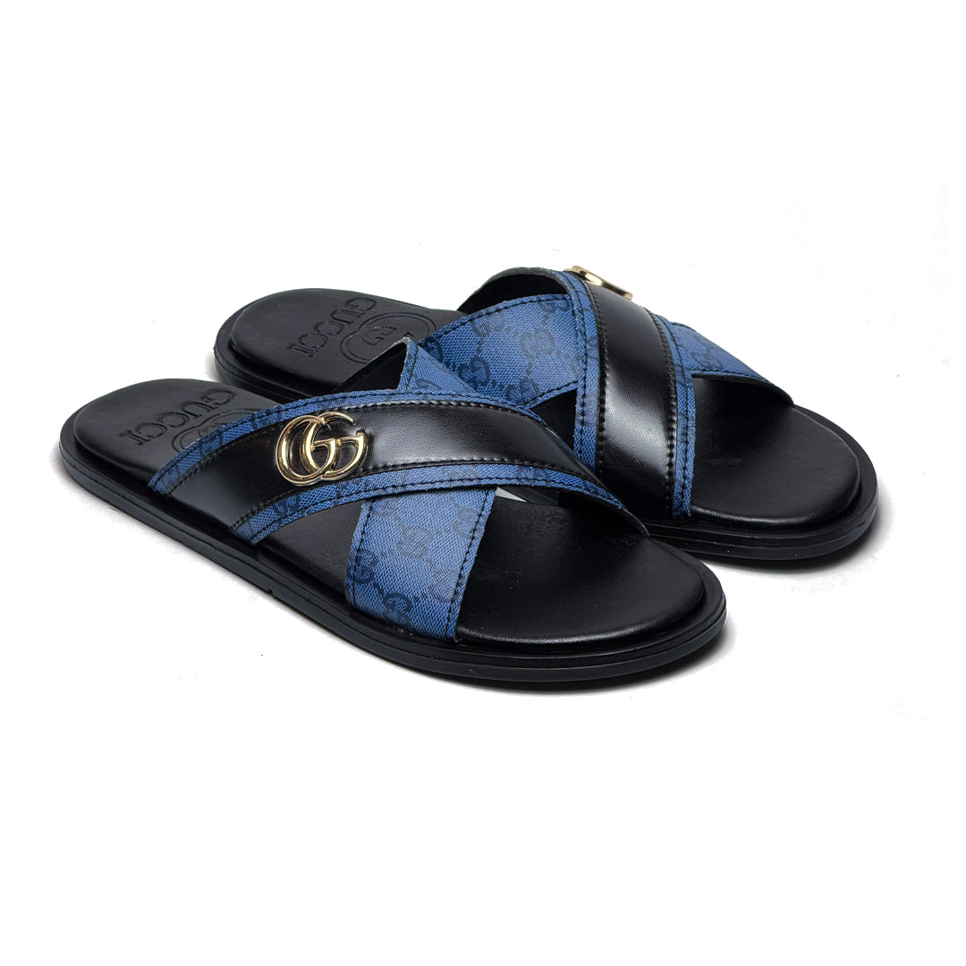 SL-119 | Men's Luxury Slippers – Blue Black Texture Double Stripe Synthetic Leather with Gold Buckle | Anti-Slip