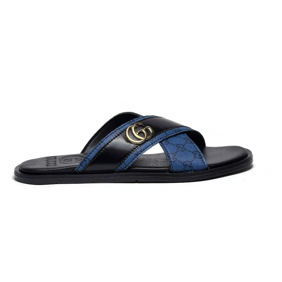 SL-119 | Men's Luxury Slippers – Blue Black Texture Double Stripe Synthetic Leather with Gold Buckle | Anti-Slip