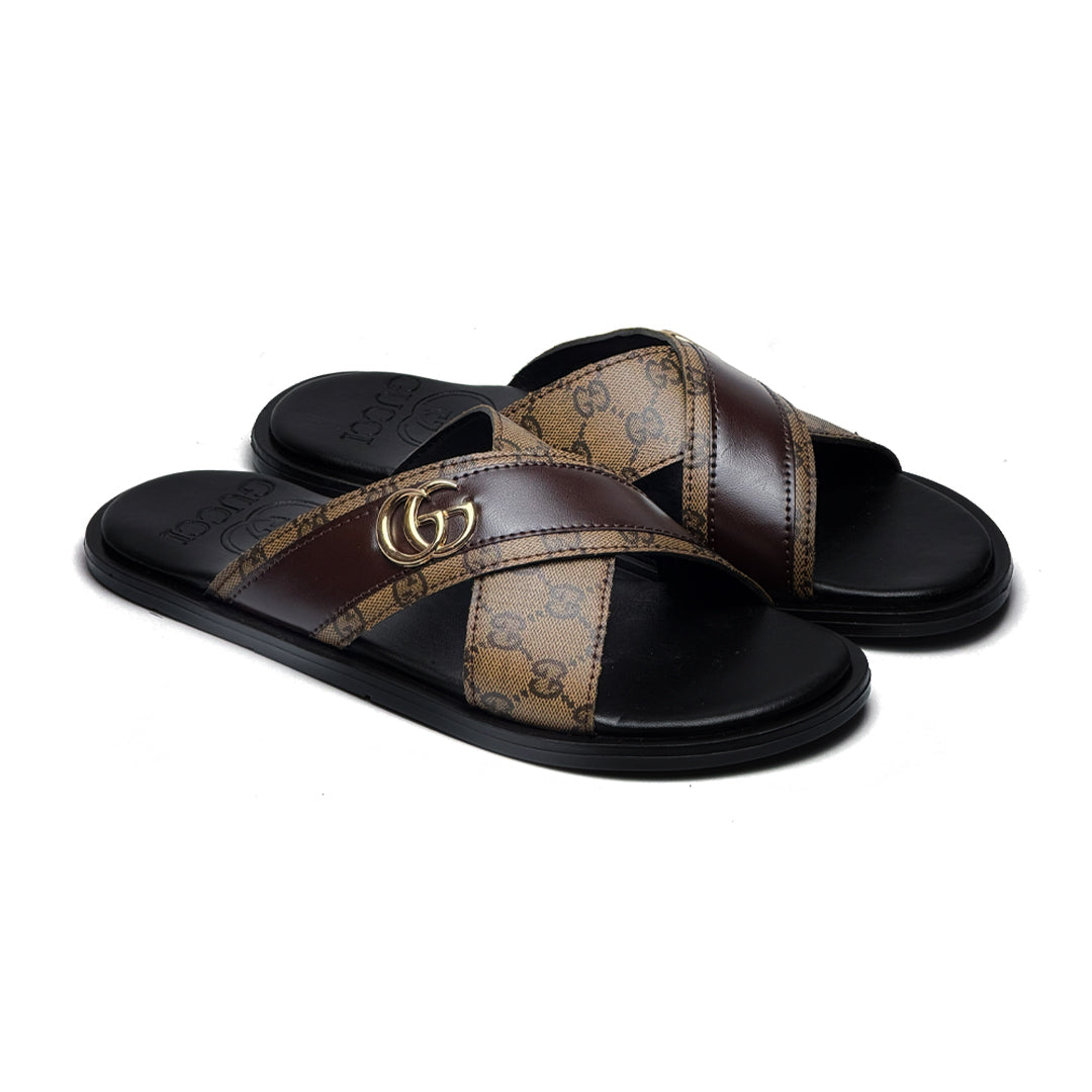 SL-120 | Men's Luxury Slippers – Brown Double Stripe Synthetic Leather with Gold Buckle | Anti-Slip