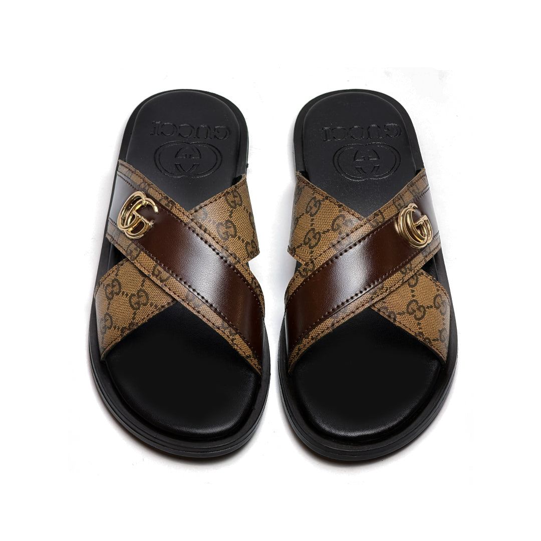SL-120 | Men's Luxury Slippers – Brown Double Stripe Synthetic Leather with Gold Buckle | Anti-Slip