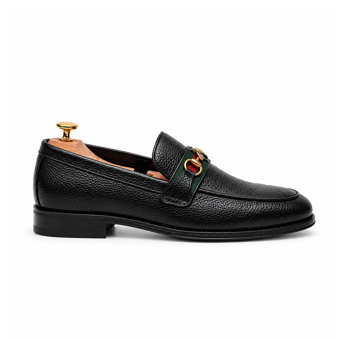 FK-730 – Men's Black Mild Textured Synthetic Leather Slip-On Loafers with Green Red Stripe Band