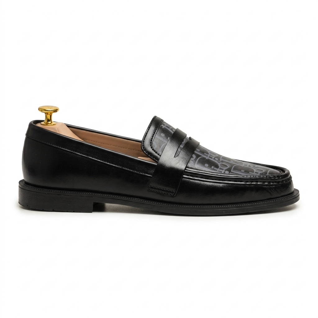 FK-735 – Men's Dark Black with Textures Synthetic Leather Bit Loafers