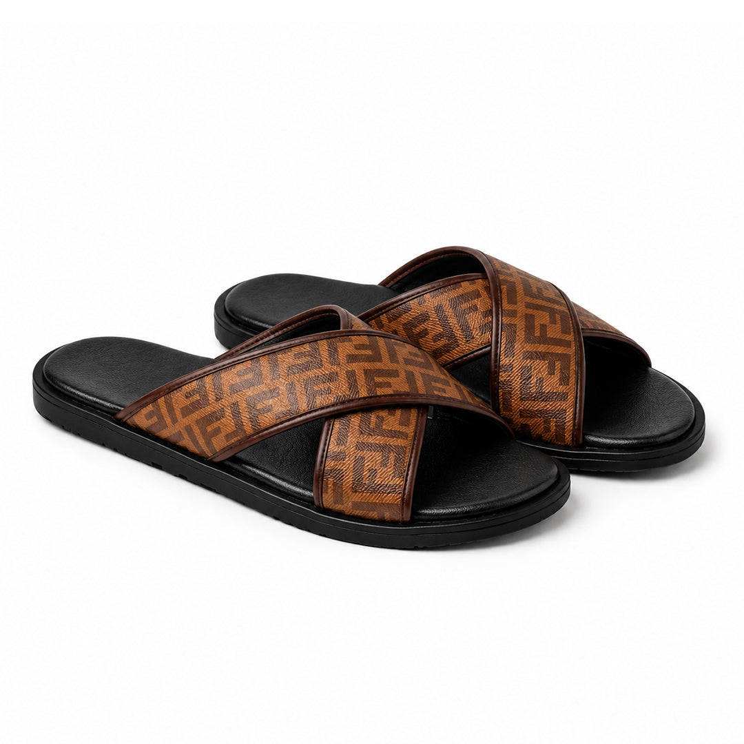 SL-121 | Men's Luxury Slippers – White Black Texture Double Stripe Synthetic Leather with Gold Buckle | Anti-Slip