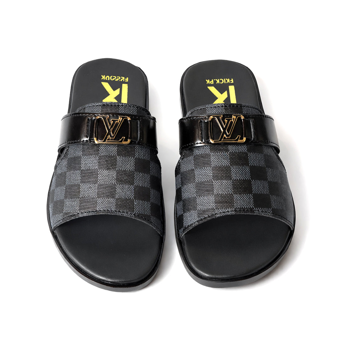SL-096 | Men's Luxury Slippers – Tan Brown Synthetic Leather | Strap Buckle Anti-Slip Sole